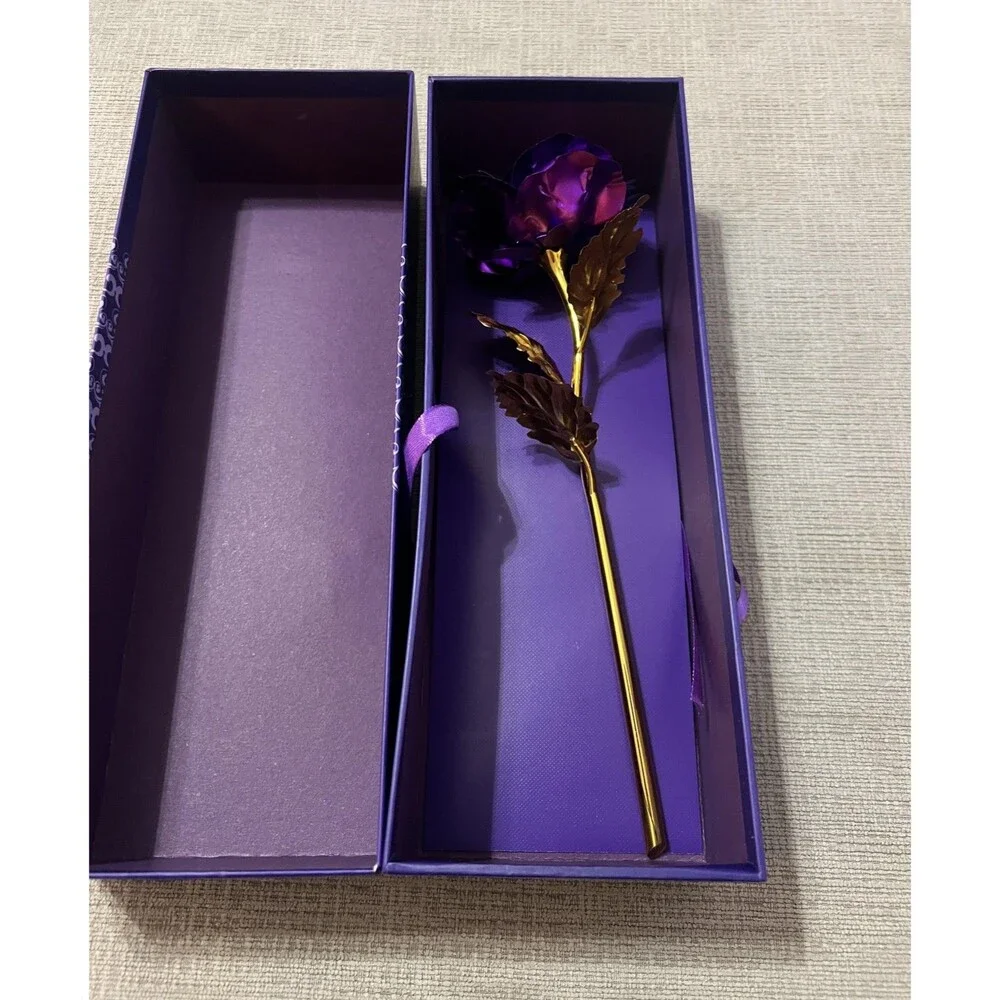 24K Golden Rose Purple Metal Flower Stem 12 Inch Artificial Gift Decor Romantic